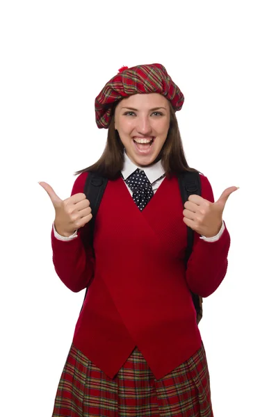 Kız beyaz izole İskoç tartan giyim — Stok fotoğraf