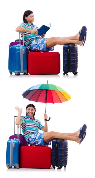 携带红色手提箱和雨伞隔离在白色上的旅行者 — 图库照片