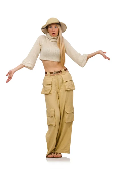 Mooie vrouw in beige broek geïsoleerd op wit — Stockfoto