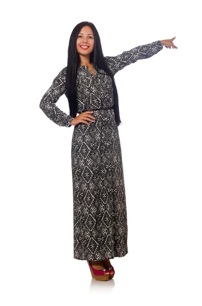 Schwarze Haare Frau im langen grauen Kleid isoliert auf weiß — Stockfoto