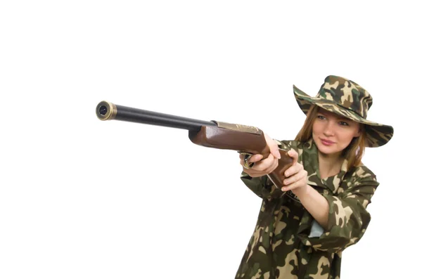 Mädchen in Militäruniform hält Waffe isoliert auf weißem Grund — Stockfoto