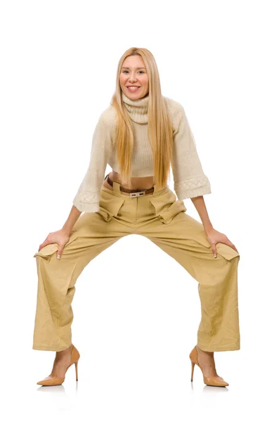 Bella donna in pantaloni beige isolato su bianco — Foto Stock