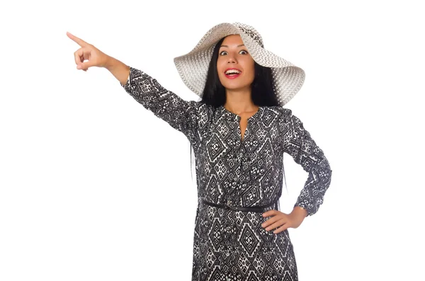 Mujer de pelo negro en vestido largo gris aislado en blanco — Foto de Stock