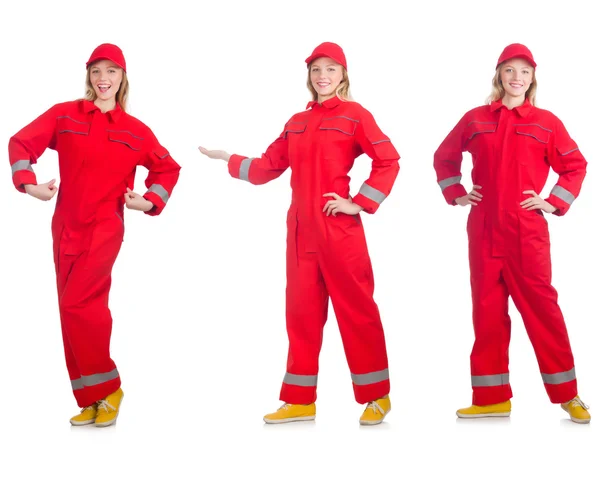 Woman in red overalls isolated on white — Stock Photo, Image