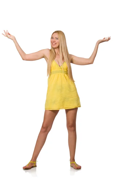 Biały sprawiedliwy model w żółty letni sukienka odizolowany na biały — Zdjęcie stockowe