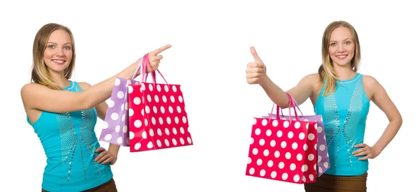 Mujer con bolsas aisladas en blanco —  Fotos de Stock