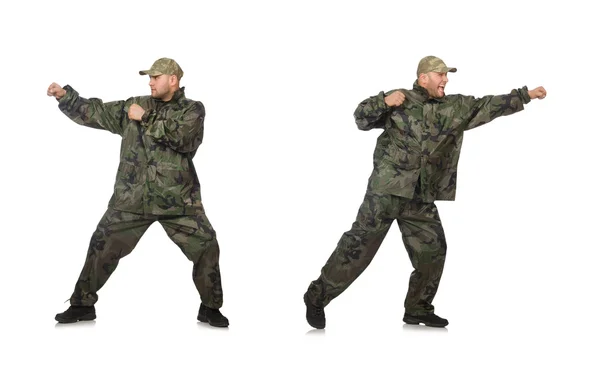 Jovem em uniforme de soldado isolado em branco — Fotografia de Stock