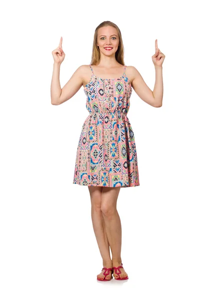 Blondie caucasian girl in summer light dress isolated on white — Stock Photo, Image