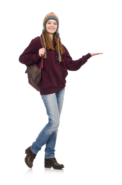 Estudiante sonriente con mochila aislada en blanco — Foto de Stock