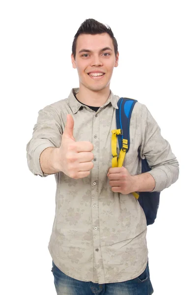 Sonriente estudiante caucásico con mochila aislada en blanco — Foto de Stock