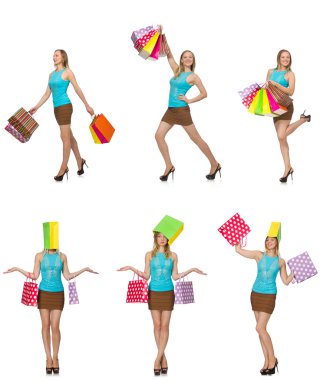 Alışveriş torbaları olan kadın beyazda yalnız.