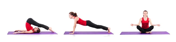 Young female doing exercises on white — Stock Photo, Image