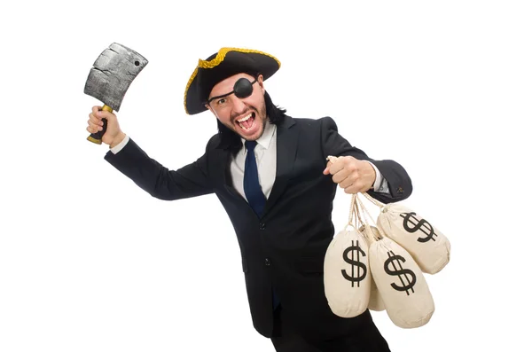 Пиратский бизнесмен держит денежные мешки — стоковое фото