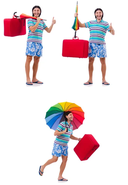 Мандрівник з червоним футляром і парасолькою ізольований на білому — стокове фото