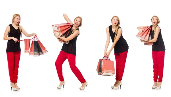 Zestaw kobiet z torbami na zakupy na białym — Zdjęcie stockowe