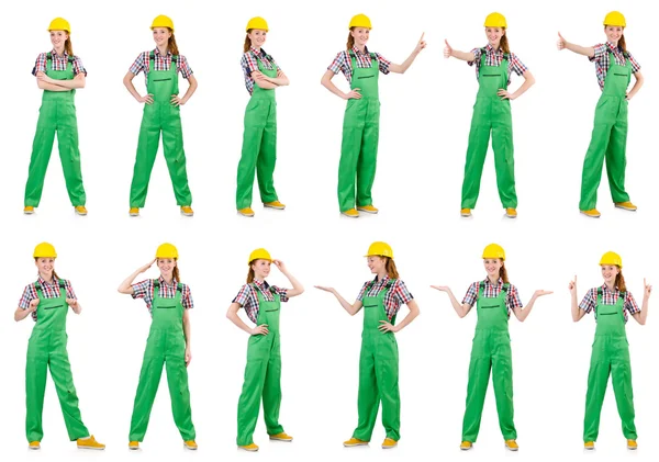 Woman in green coveralls isolated on white — Stock Photo, Image