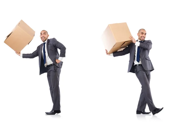 Koláž fotografií s mužem a krabicemi — Stock fotografie