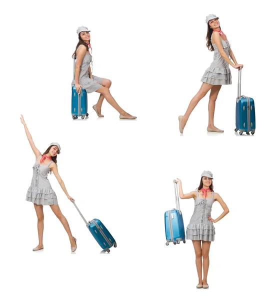 Femme voyageuse avec valise isolée sur blanc — Photo