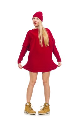 Kırmızı elbiseli güzel bir kız, beyaz tenli.