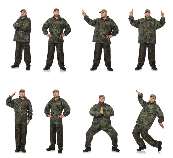 Jovem em uniforme de soldado isolado em branco — Fotografia de Stock