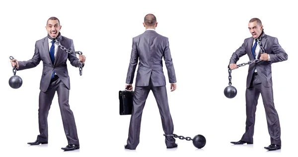 Businessman with shackles on white — Stock Photo, Image