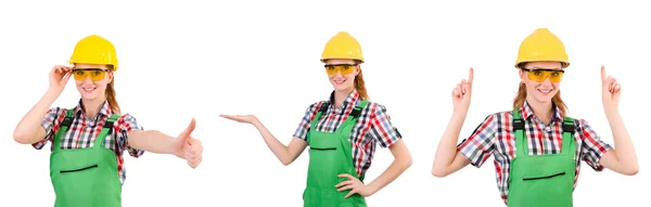 Woman in green coveralls isolated on white — Stock Photo, Image