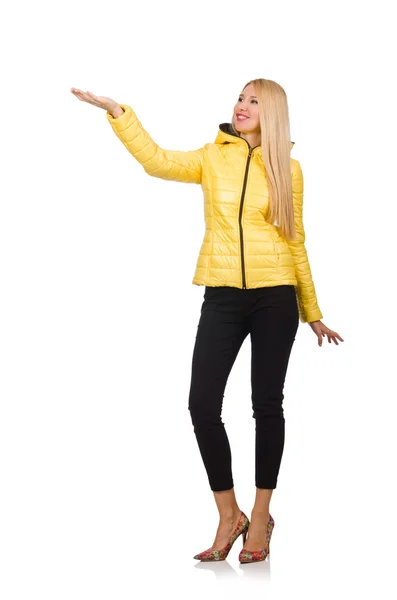 Blanke vrouw in geel jasje geïsoleerd op wit — Stockfoto