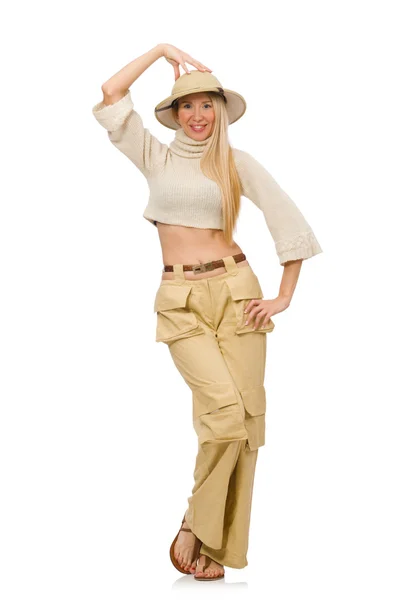 Mujer bonita en pantalones beige aislados en blanco —  Fotos de Stock