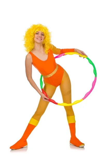 Woman with hula hoop isolated on white Stock Photo