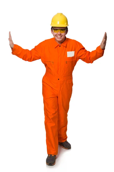 Man in oranje overall geïsoleerd op wit — Stockfoto