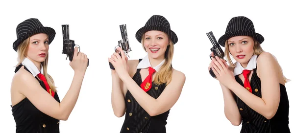 Gangster donna con pistola su bianco — Foto Stock