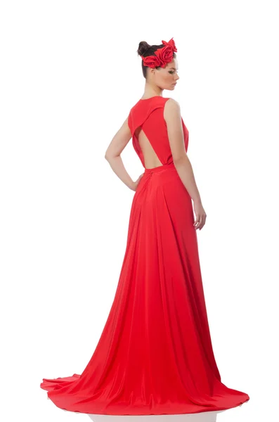 Pretty caucasian model in red long evening dress — Stock Photo, Image