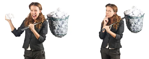 Woman with catching net and papers — Stock Photo, Image