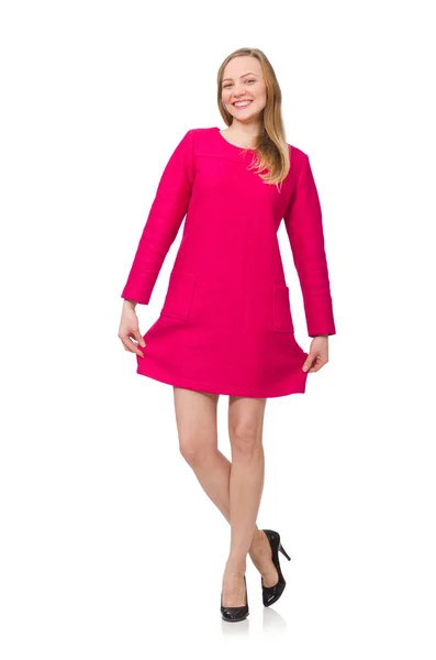Söt flicka i rosa klänning isolerad på vitt — Stockfoto