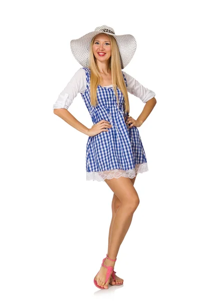 Donna caucasica in plaid abito blu e cappello isolato su bianco — Foto Stock