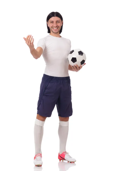 Junger Fußballer isoliert auf der weißen Seite — Stockfoto