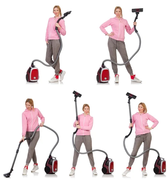 Young woman with vacuum cleaner on white — Stock Photo, Image