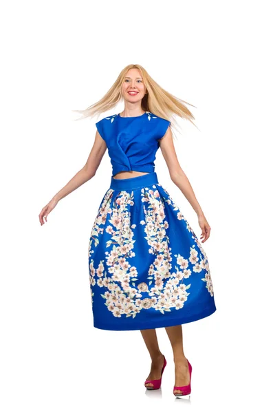 Mulher de vestido folral azul longo isolado no branco — Fotografia de Stock