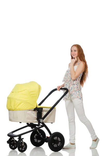 Kobieta z dzieckiem i wózek izolowane na białym — Zdjęcie stockowe