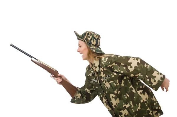 Menina de uniforme militar segurando a arma isolada no branco — Fotografia de Stock