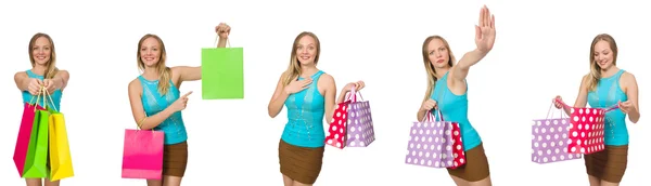 Donna con shopping bags isolata su bianco — Foto Stock