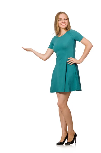 Charming caucasian woman wearing green dress isolated on white — Stock Photo, Image