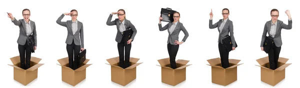 Композитне зображення жінки з коробками на білому — стокове фото