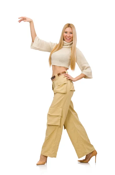 Hezká žena v béžové kalhoty izolovaných na bílém — Stock fotografie