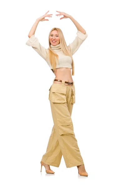 Ładna kobieta w beżowe spodnie na białym tle — Zdjęcie stockowe