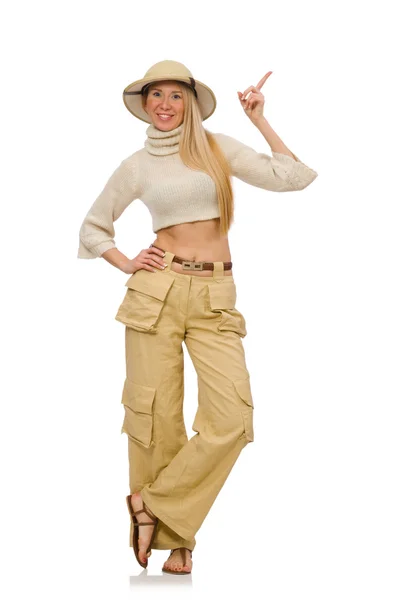 Mujer bonita en pantalones beige aislados en blanco — Foto de Stock
