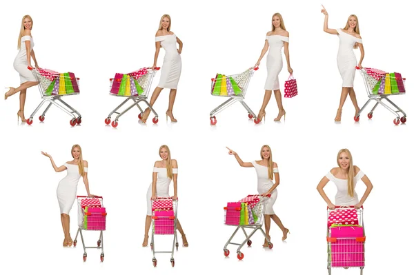 白に隔離されたショッピングコンセプトの女性 — ストック写真