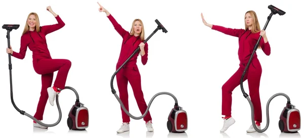 Young woman with vacuum cleaner on white — Stock Photo, Image