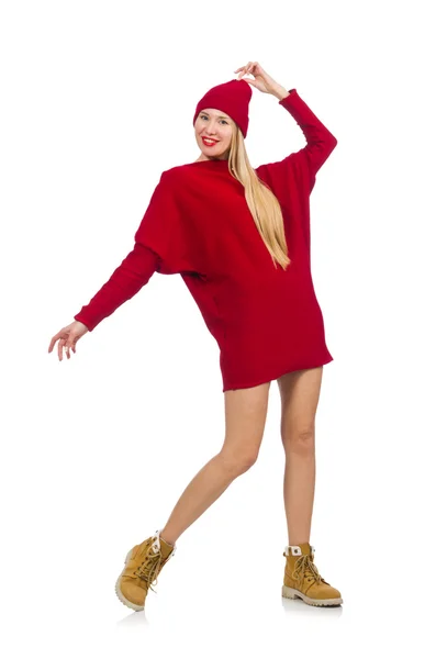 Chica bonita en vestido rojo aislado en blanco —  Fotos de Stock