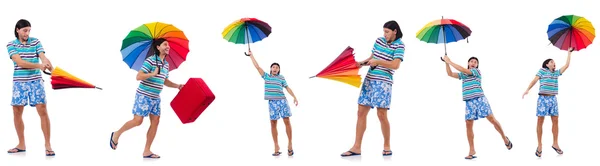 Voyageur avec étui rouge et parapluie isolé sur blanc — Photo